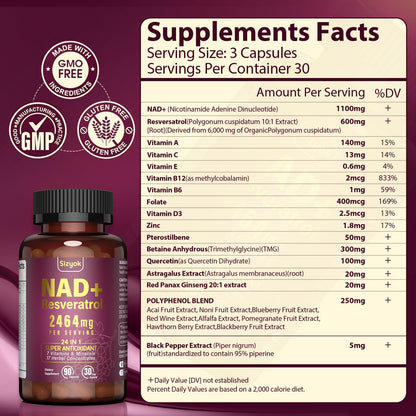 NAD Supplement 1100mg + Resveratrol 600mg | Liposomal NAD+ Capsules with Pterostilbene & Quercetin - Sizyok