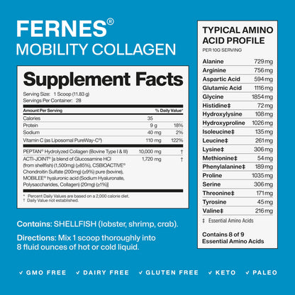 Fernes Mobility Collagen Peptides Powder – Acti-Joint with Glucosamine, Chondroitin & Hyaluronic Acid + Liposomal Vitamin C | Grass-Fed Type I & III | 56 Servings
