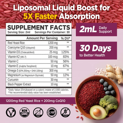 Liposomal Red Yeast Rice + CoQ10 Liquid Drops 1200mg – Heart Health