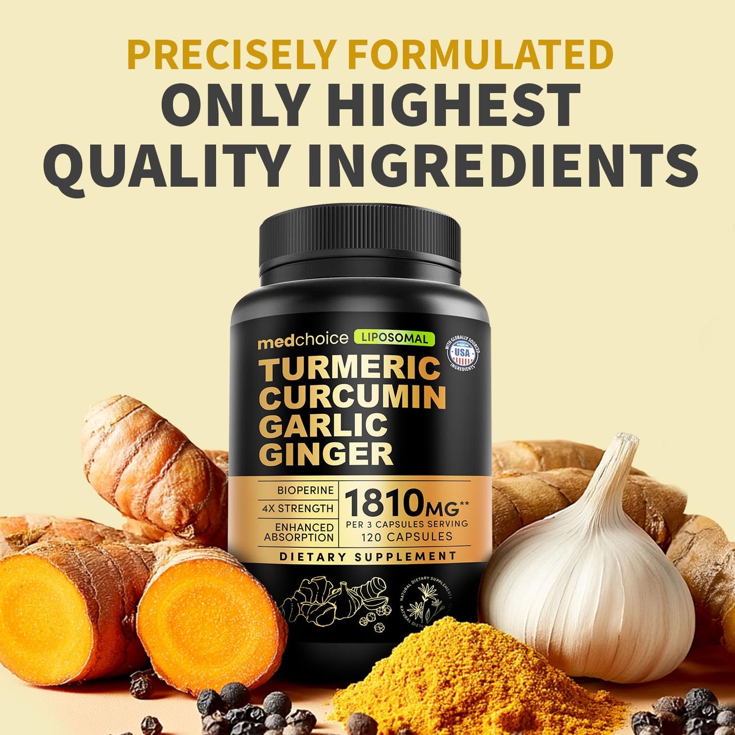 Liposomal Turmeric - High-Absorption Curcumin with Black Pepper (120ct) | Non-GMO