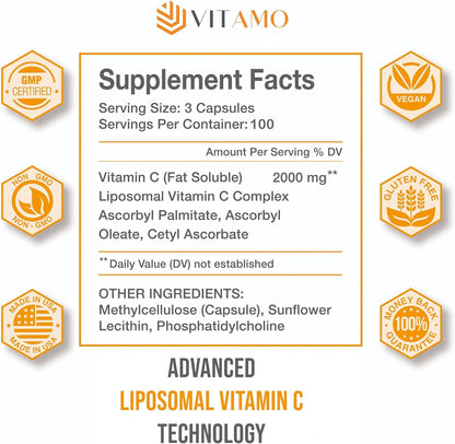Vitamo Liposomal Vitamin C 2000mg | High-Absorption Immune Support & Skin Health | 300 Capsules
