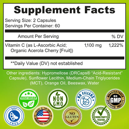 Liposomal Vitamin C 1100mg Liquid Gel Capsules – Organic Acerola Cherries | 120 ct