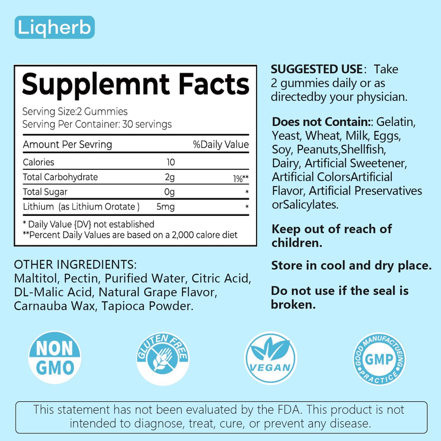 Liqherb Lithium Orotate 5mg Gummies – Mood Support & Stress Management, Vegan, Sugar-Free, Gluten-Free | Grape Flavor, 60 Gummies