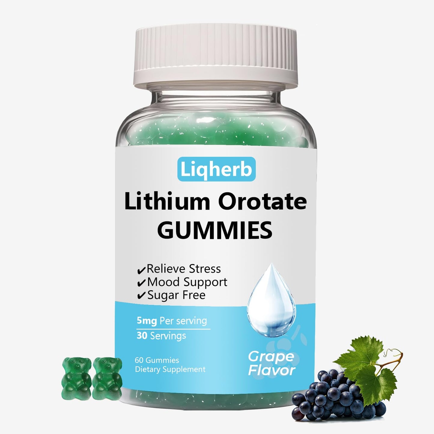 Liqherb Lithium Orotate 5mg Gummies – Mood Support & Stress Management, Vegan, Sugar-Free, Gluten-Free | Grape Flavor, 60 Gummies