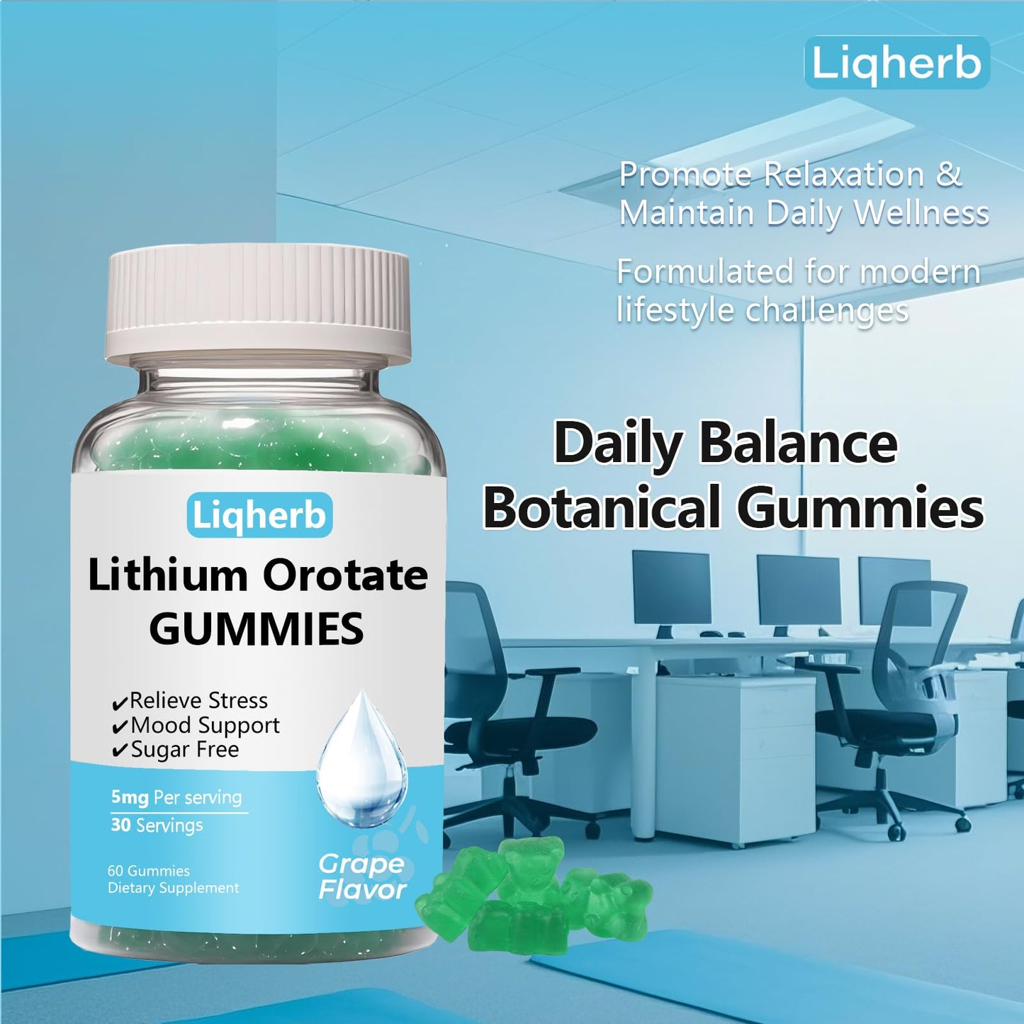 Liqherb Lithium Orotate 5mg Gummies – Mood Support & Stress Management, Vegan, Sugar-Free, Gluten-Free | Grape Flavor, 60 Gummies