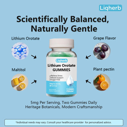 Liqherb Lithium Orotate 5mg Gummies – Mood Support & Stress Management, Vegan, Sugar-Free, Gluten-Free | Grape Flavor, 60 Gummies