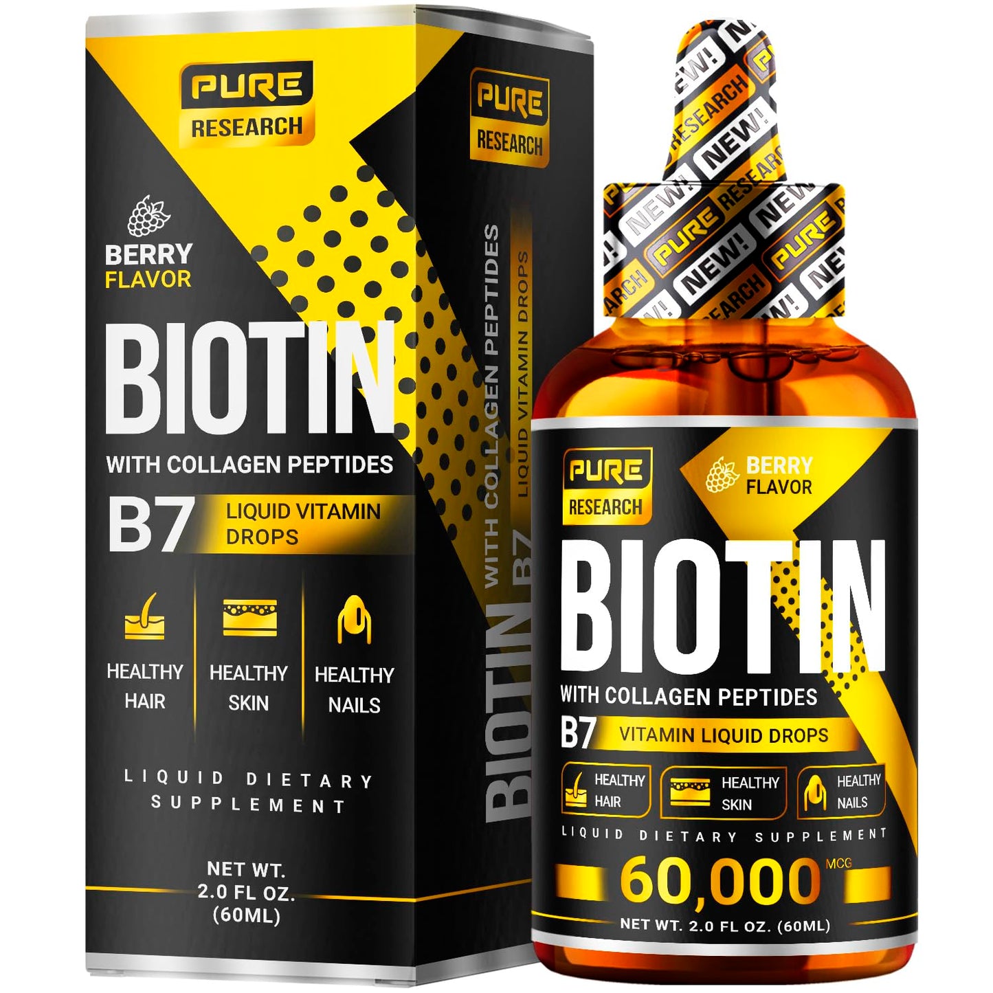 Liquid Biotin & Collagen Drops 60,000mcg – Hair, Skin & Nails Support – 2oz