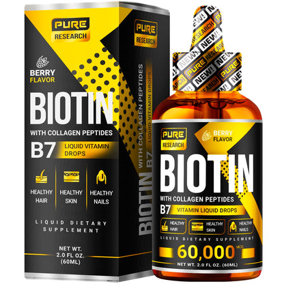 Liquid Biotin & Collagen Drops 60,000mcg – Hair, Skin & Nails Support – 2oz