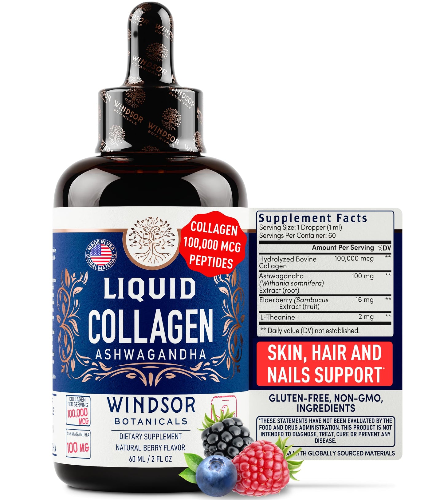 Liquid Collagen Drops with Ashwagandha & L-Theanine – 100,000 mcg, Hair, Skin & Nails, Mood & Energy – 2oz (60 Servings)