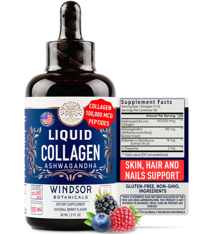 Liquid Collagen Drops with Ashwagandha & L-Theanine – 100,000 mcg, Hair, Skin & Nails, Mood & Energy – 2oz (60 Servings)