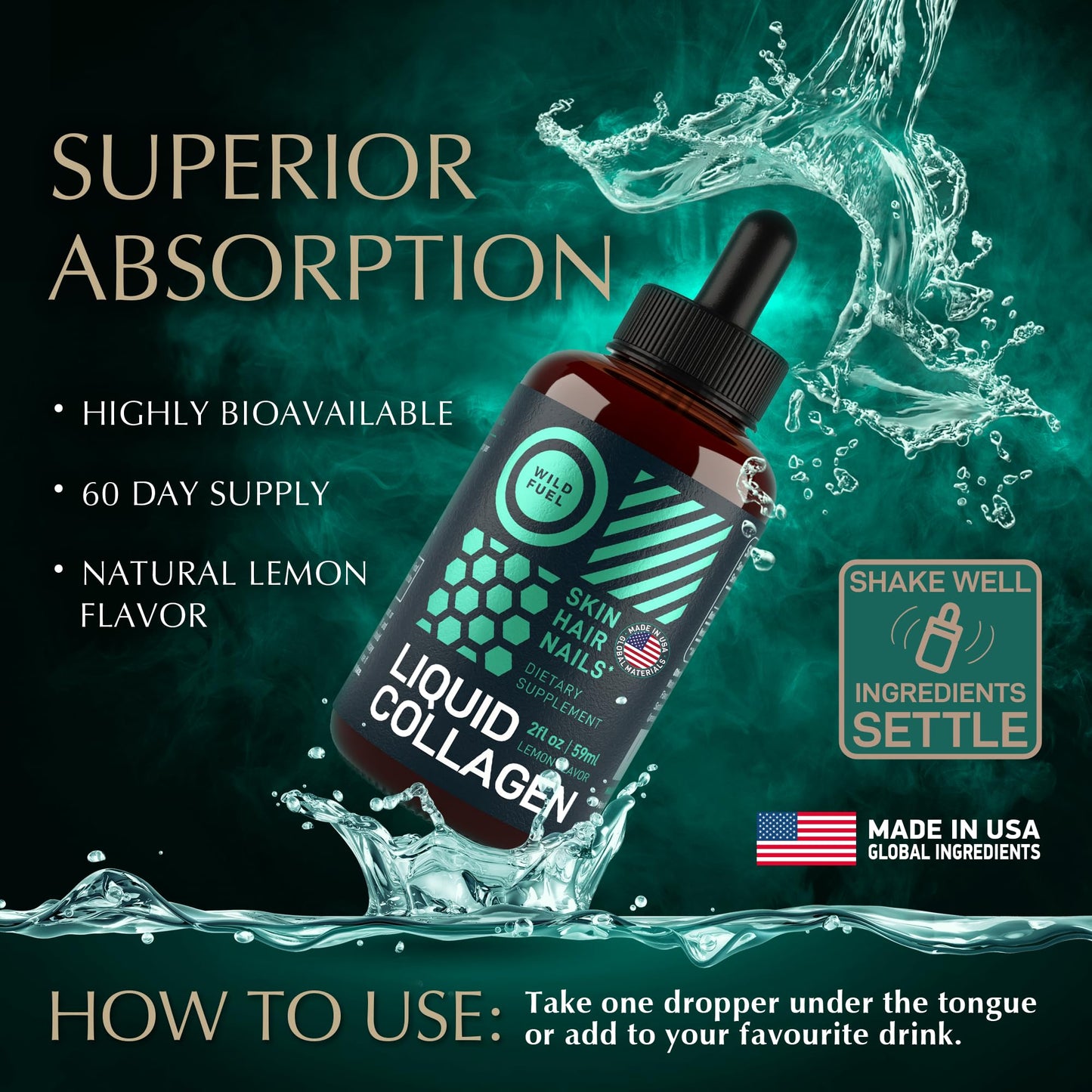 Wild Fuel Liquid Collagen Drops with Biotin – 30,000mcg Collagen, Lemon Flavor, 2x2oz
