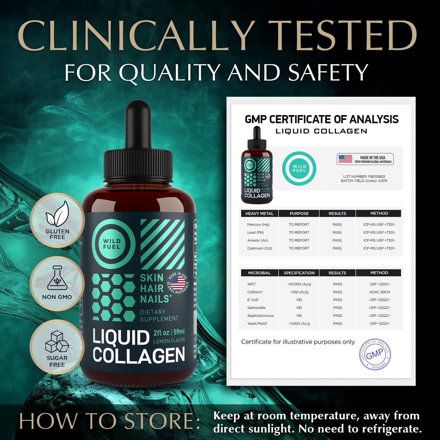 Wild Fuel Liquid Collagen Drops with Biotin – 30,000mcg Collagen, Lemon Flavor, 2x2oz