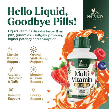 Liquid Multivitamin Berry Flavor - Sugar Free Daily Vitamin for Women, Men & Kids | Vegan, Non-GMO, 15 oz