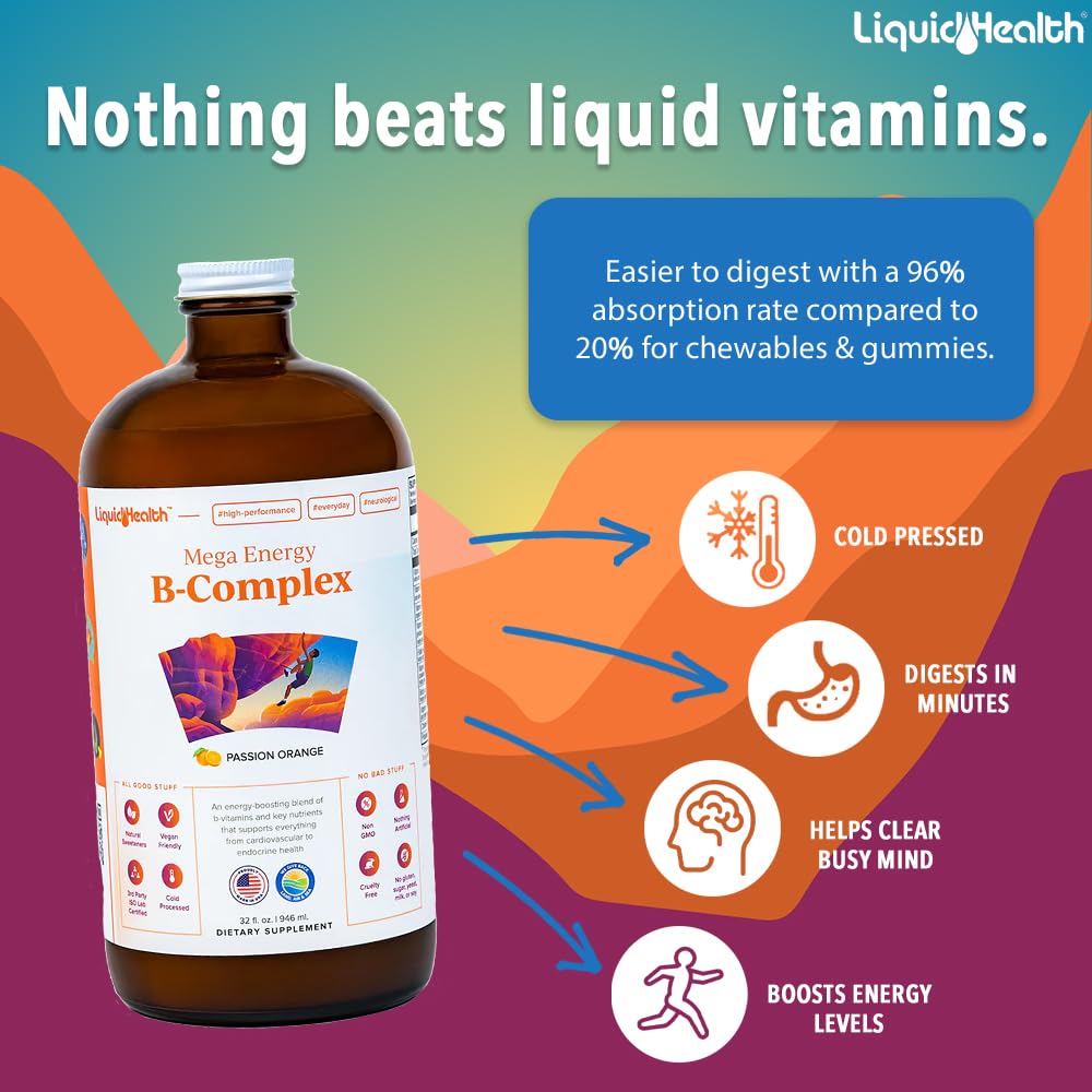 LIQUIDHEALTH Mega Energy Methylated B-Complex – Adult Liquid Vitamin (USA Made, Vegan)