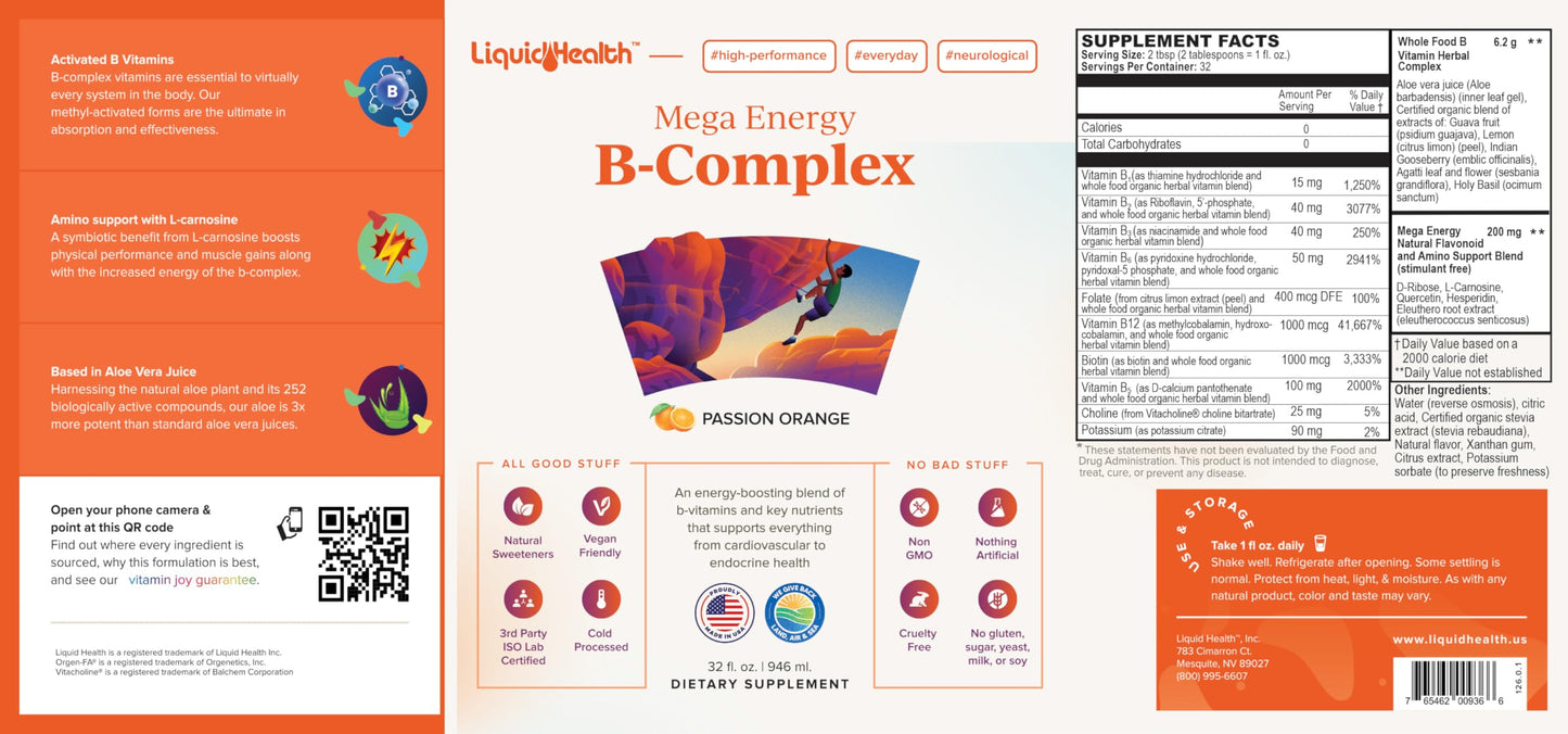 LIQUIDHEALTH Mega Energy Methylated B-Complex – Adult Liquid Vitamin (USA Made, Vegan)