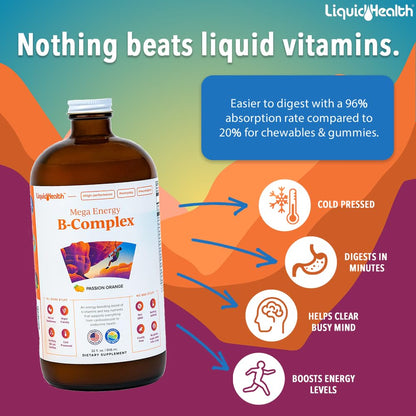 LIQUIDHEALTH Mega Energy B-Complex – Liquid Vitamin for Natural Energy, Immune Support, and Vitality (3 Pack) – Made in USA, Vegan, Sugar-Free