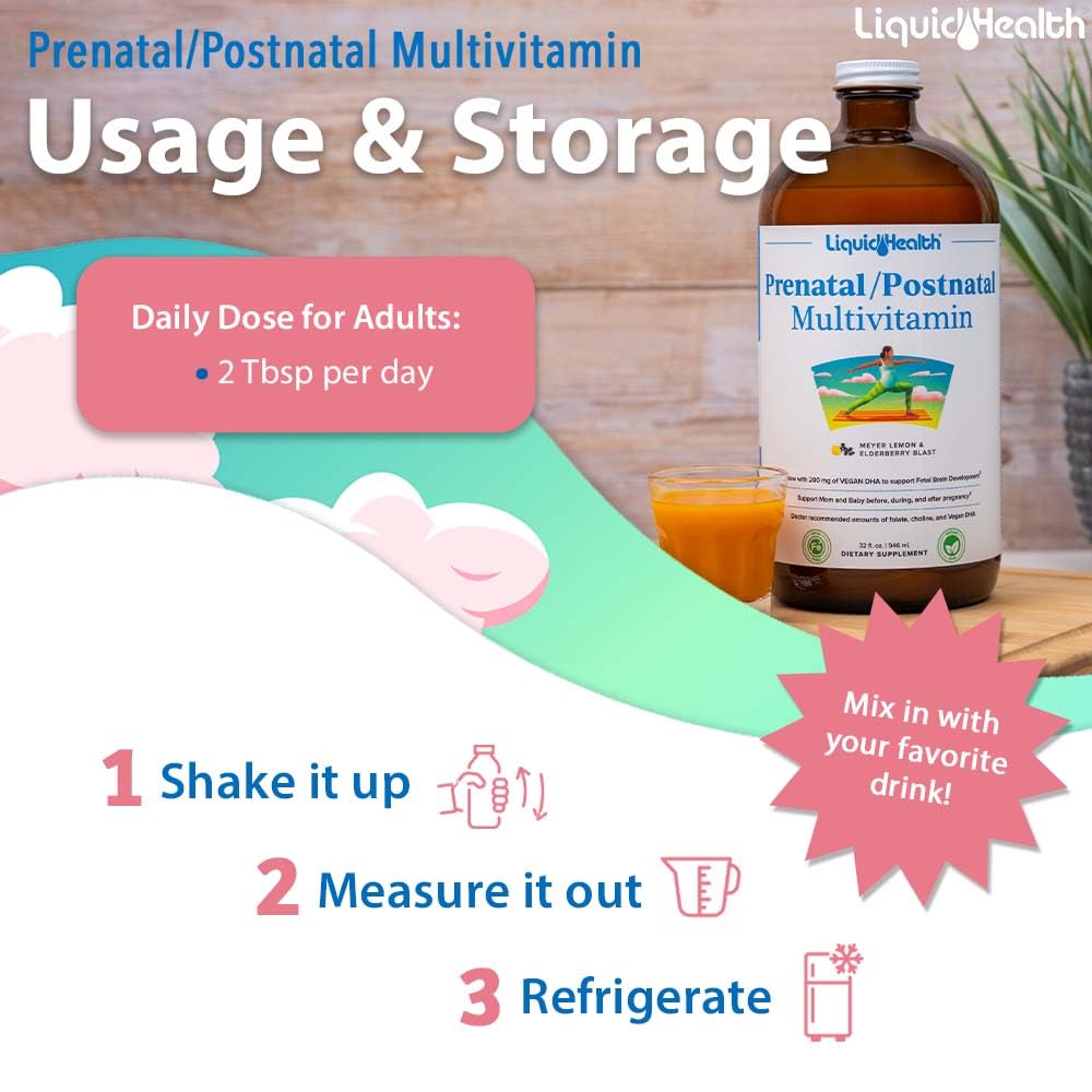 LIQUIDHEALTH Prenatal/Postnatal Liquid Multivitamin with Real Folate – Made in USA, Vegan, Sugar-Free, Non-GMO (2 Pack)