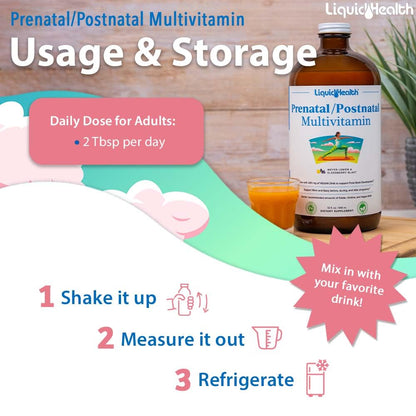 LIQUIDHEALTH Prenatal/Postnatal Liquid Multivitamin with Real Folate – Made in USA, Vegan, Sugar-Free, Non-GMO (2 Pack)