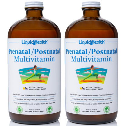 LIQUIDHEALTH Prenatal/Postnatal Liquid Multivitamin with Real Folate – Made in USA, Vegan, Sugar-Free, Non-GMO (2 Pack)