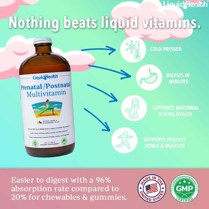 LIQUIDHEALTH Prenatal/Postnatal Liquid Multivitamin with Real Folate – Made in USA, Vegan, Sugar-Free, Non-GMO (2 Pack)