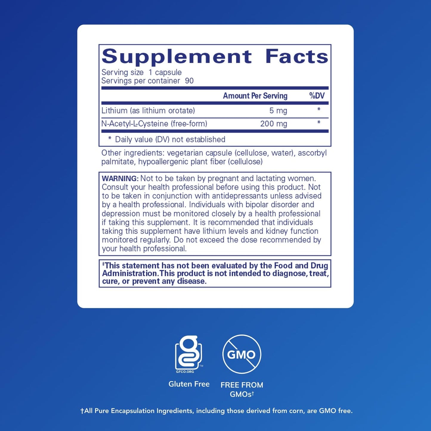 Pure Encapsulations Lithium Orotate 5 mg – Brain Support Supplement with NAC (90 capsules) – Gluten Free & Non-GMO