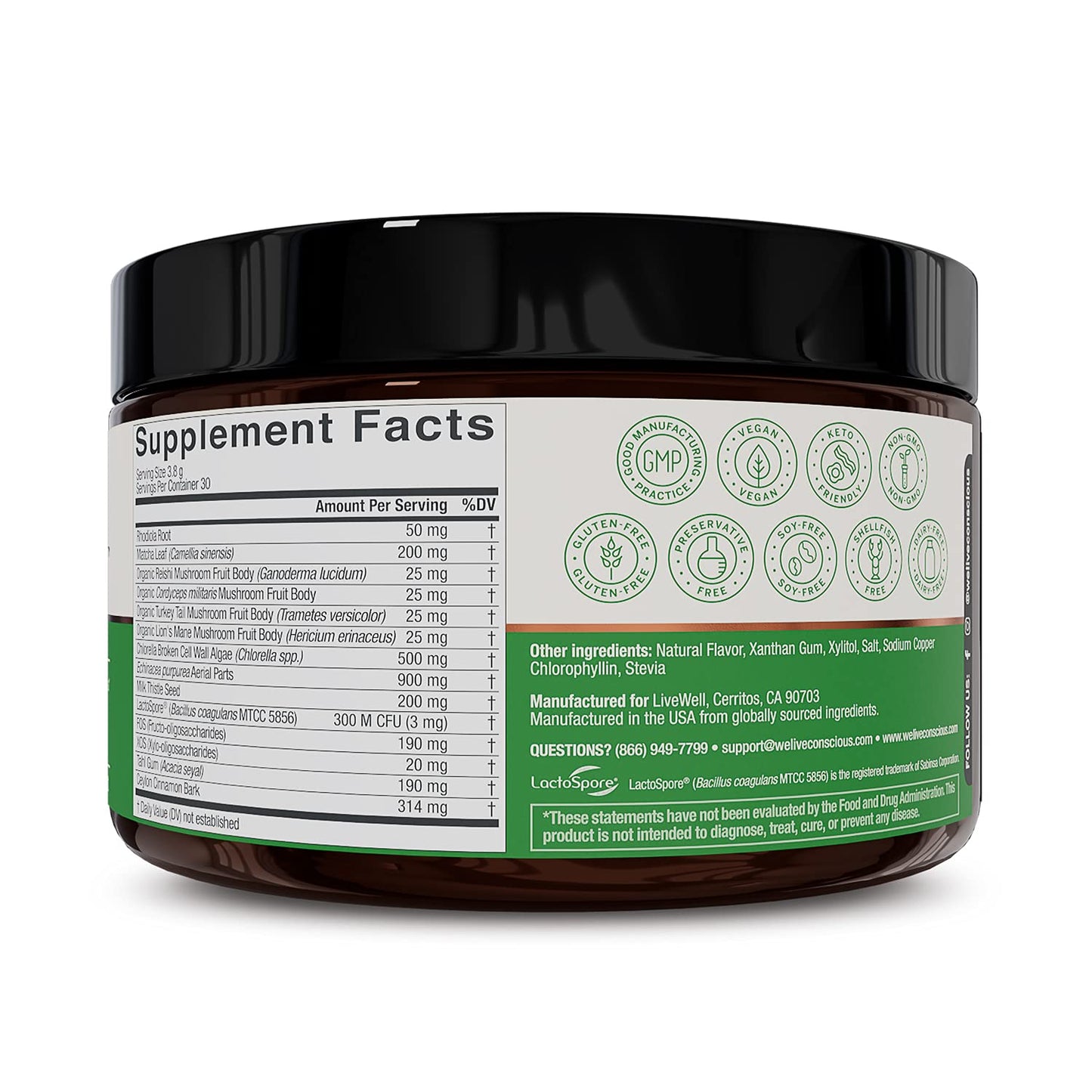 Live Conscious Beyond Greens Matcha Powder – Immune Support & Energy, 2-Pack (30 Servings)