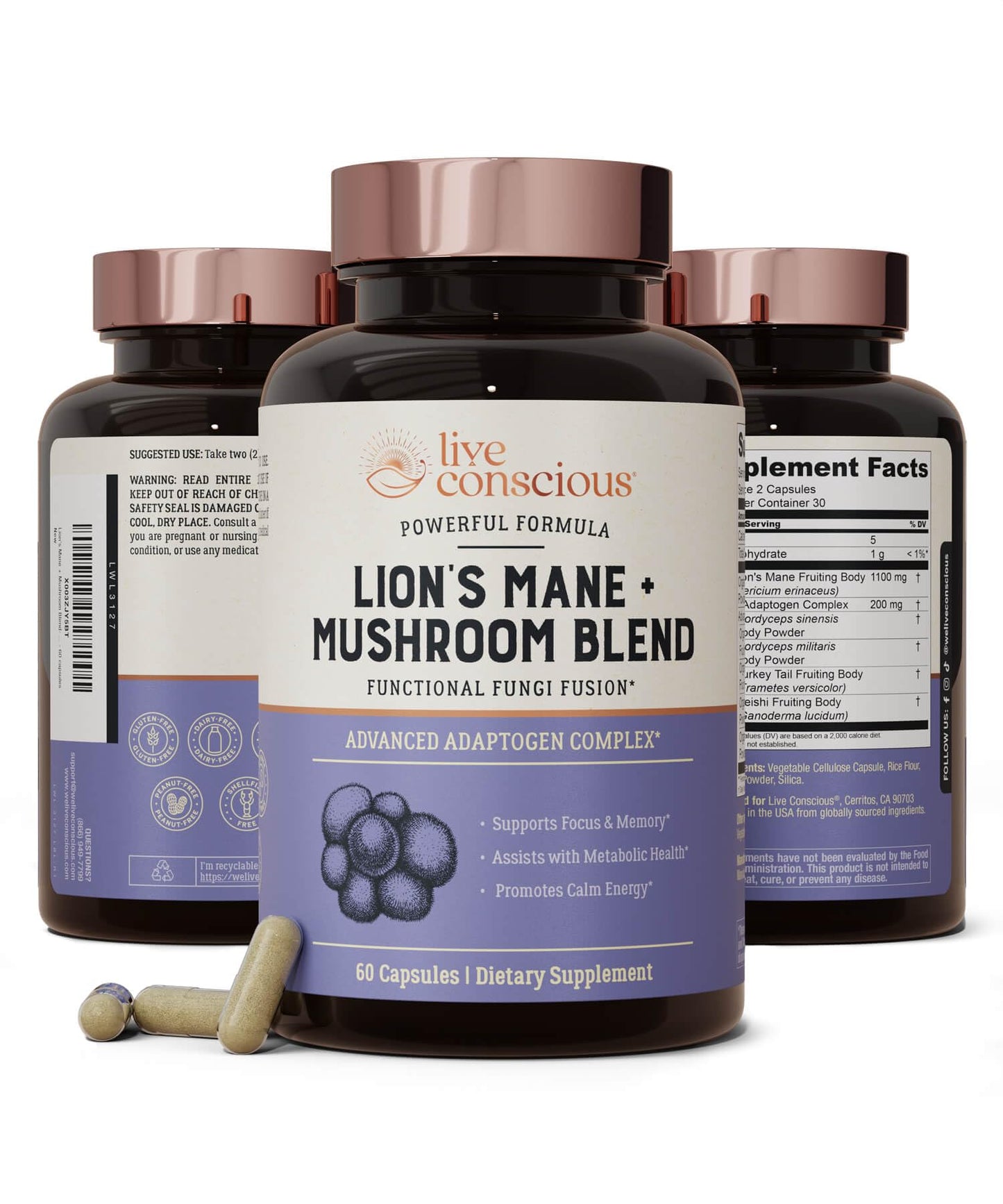 Live Conscious Lions Mane Mushroom Supplement Capsules for Brain Support - Lion's Mane, Cordyceps, Reishi & Turkey Tail