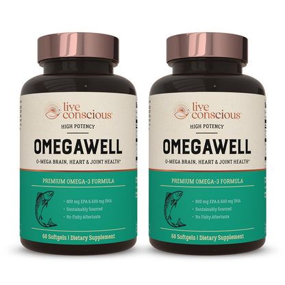 Live Conscious OmegaWell Fish Oil | 800 mg EPA / 600 mg DHA | Enteric-Coated, Burpless, Sustainably Sourced | 120-Count (2-Pack)