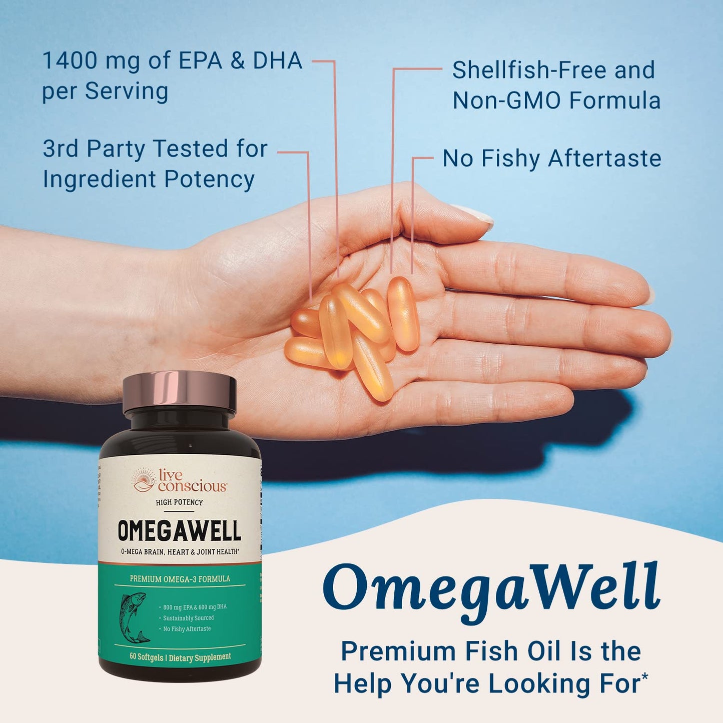 Live Conscious OmegaWell Omega-3 2000mg Fish Oil - EPA 800mg, DHA 600mg