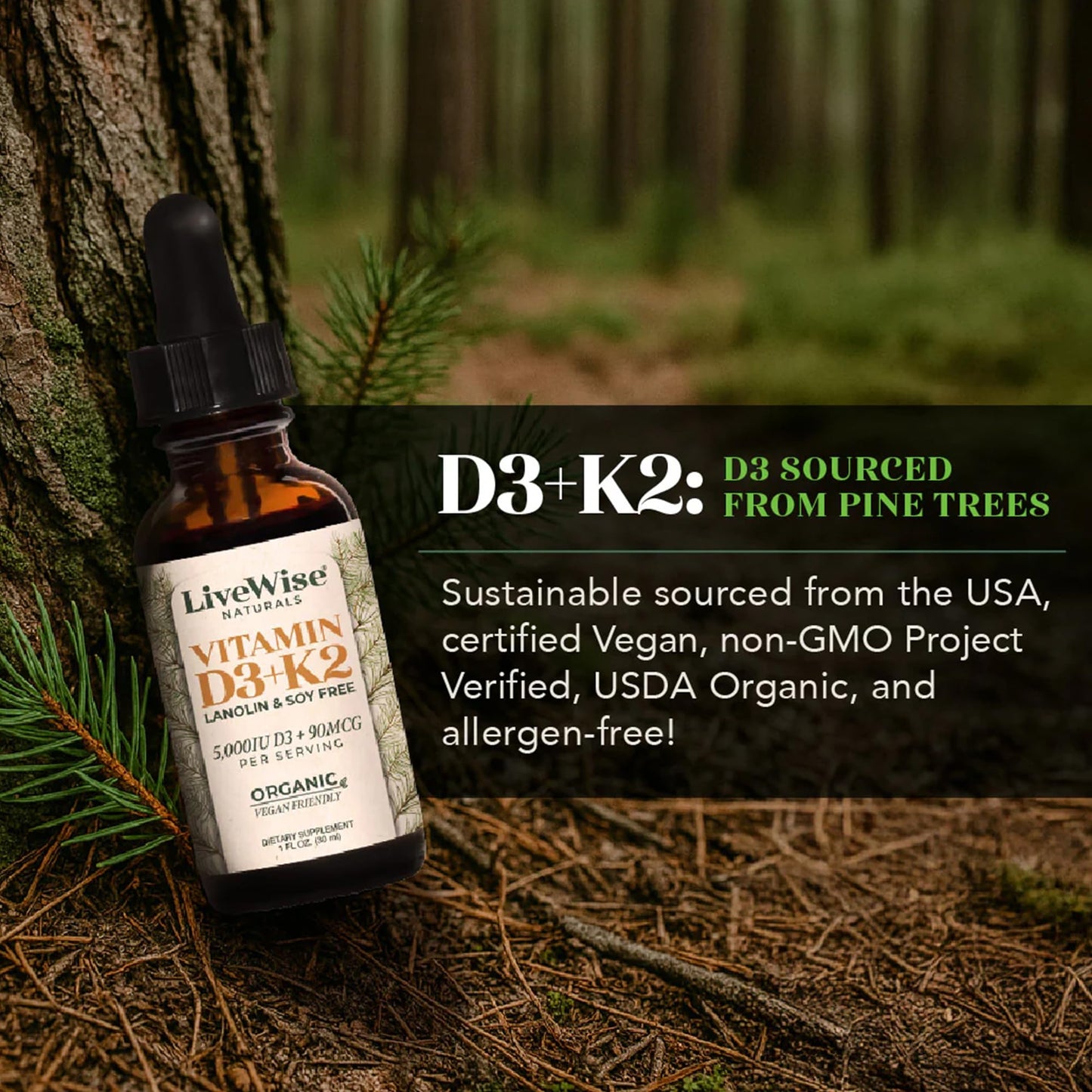 Live Wise Naturals Vitamin D3+K2 5,000 IU – Vegan Friendly