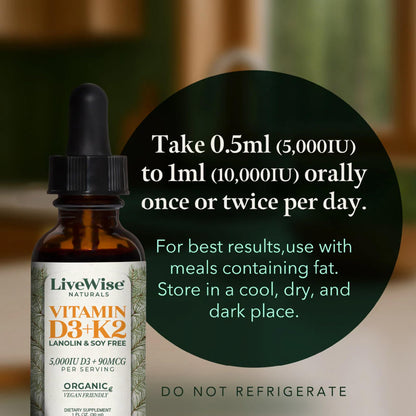 Live Wise Naturals Vitamin D3+K2 5,000 IU – Vegan Friendly