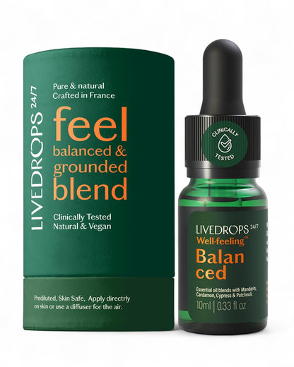 LIVEDROPS Balanced Essential Oil Blend Mandarin, Cardamom, Cypress & Patchouli | Calm, Harmony & Grounding | 10ml