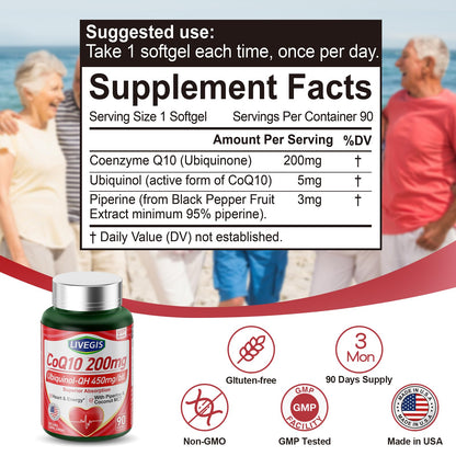 LIVEGIS CoQ10 200mg Softgels (90 Count) - Ubiquinone with MCT Oil for Heart Health & Energy