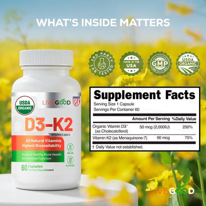 LIVEGOOD Vitamin D3 + K2 – All Natural Bone, Muscle & Immune Support (60 Capsules) - Vegan & Non-GMO