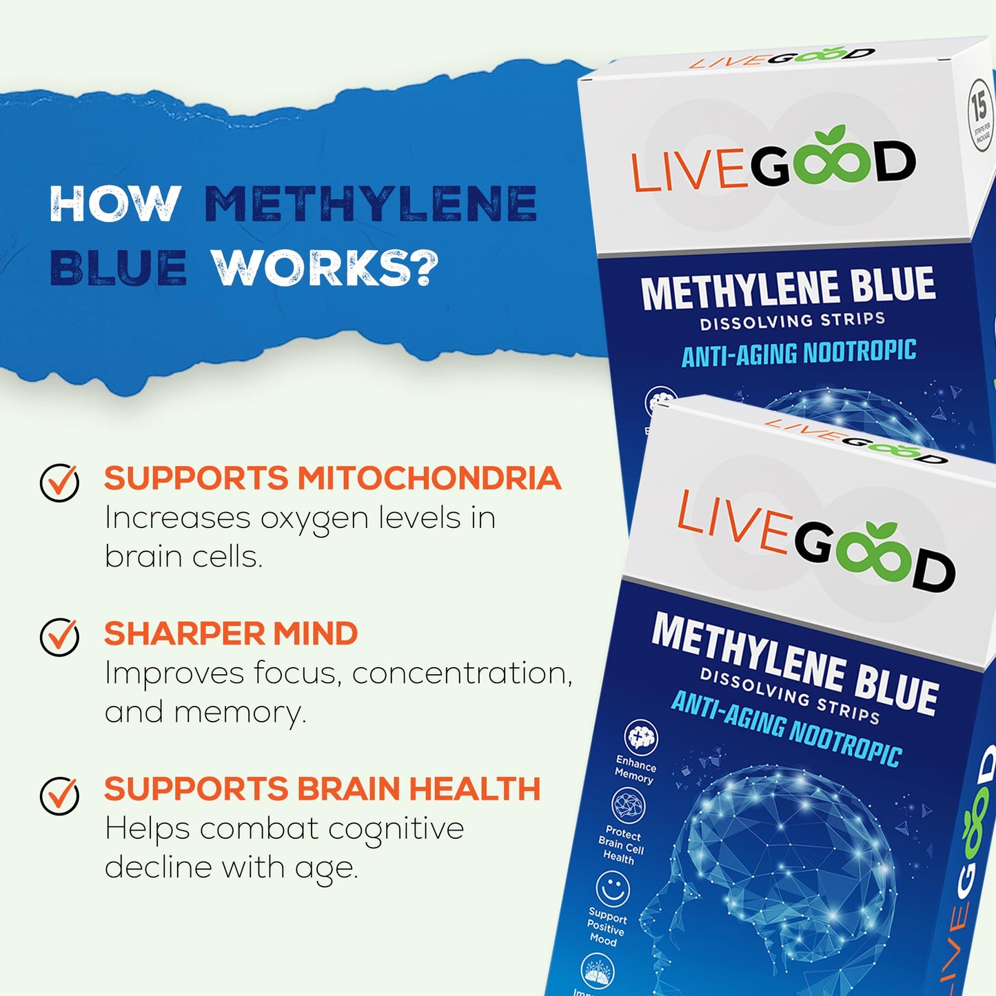 LIVEGOOD Methylene Blue – 15 Sublingual Strips, 20mg Each | Brain Support & Focus