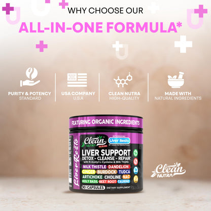 Clean Nutraceuticals Liver Cleanse Detox & Repair | Milk Thistle Supplement + NAC, TUDCA, Dandelion Root, Artichoke, Choline, Ginger, Beet Root, Burdock, Taurine, Liver Support 90 Capsules