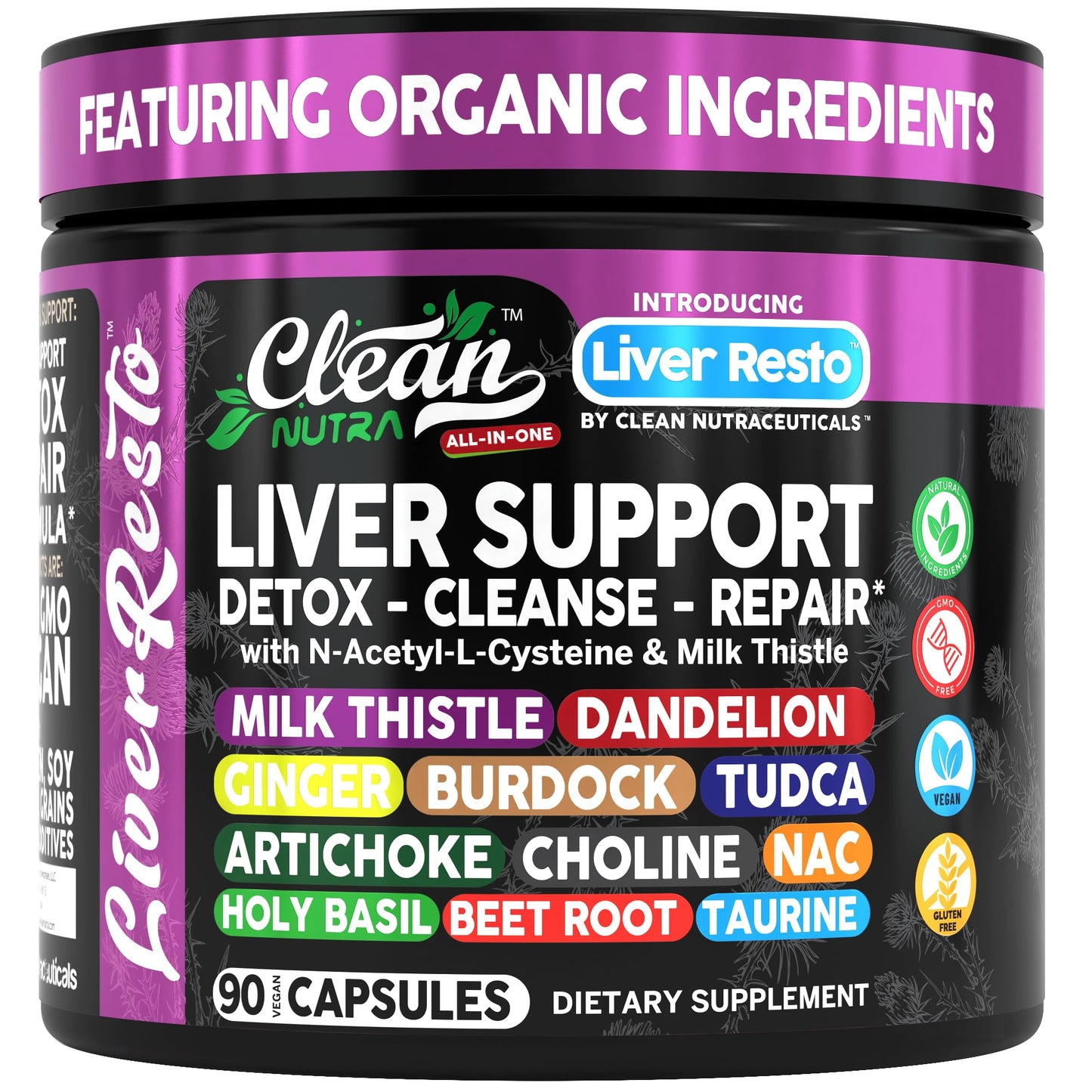 Clean Nutraceuticals Liver Cleanse Detox & Repair | Milk Thistle Supplement + NAC, TUDCA, Dandelion Root, Artichoke, Choline, Ginger, Beet Root, Burdock, Taurine, Liver Support 90 Capsules