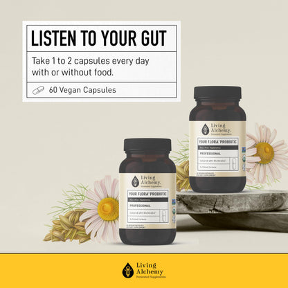 Living Alchemy Gut Health Supplements for Men & Women - Your Flora Probiotic Professional Digestion Supplement with Fermented Soybean, Prebiotics, Digestive Enzyme - Vegan, Non-GMO, 60 Pcs