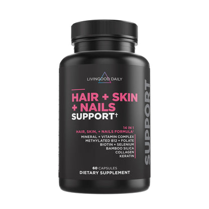 Livingood Daily Hair, Skin & Nails Supplement — 14-in-1 Formula, 60 Capsules, Gluten Free