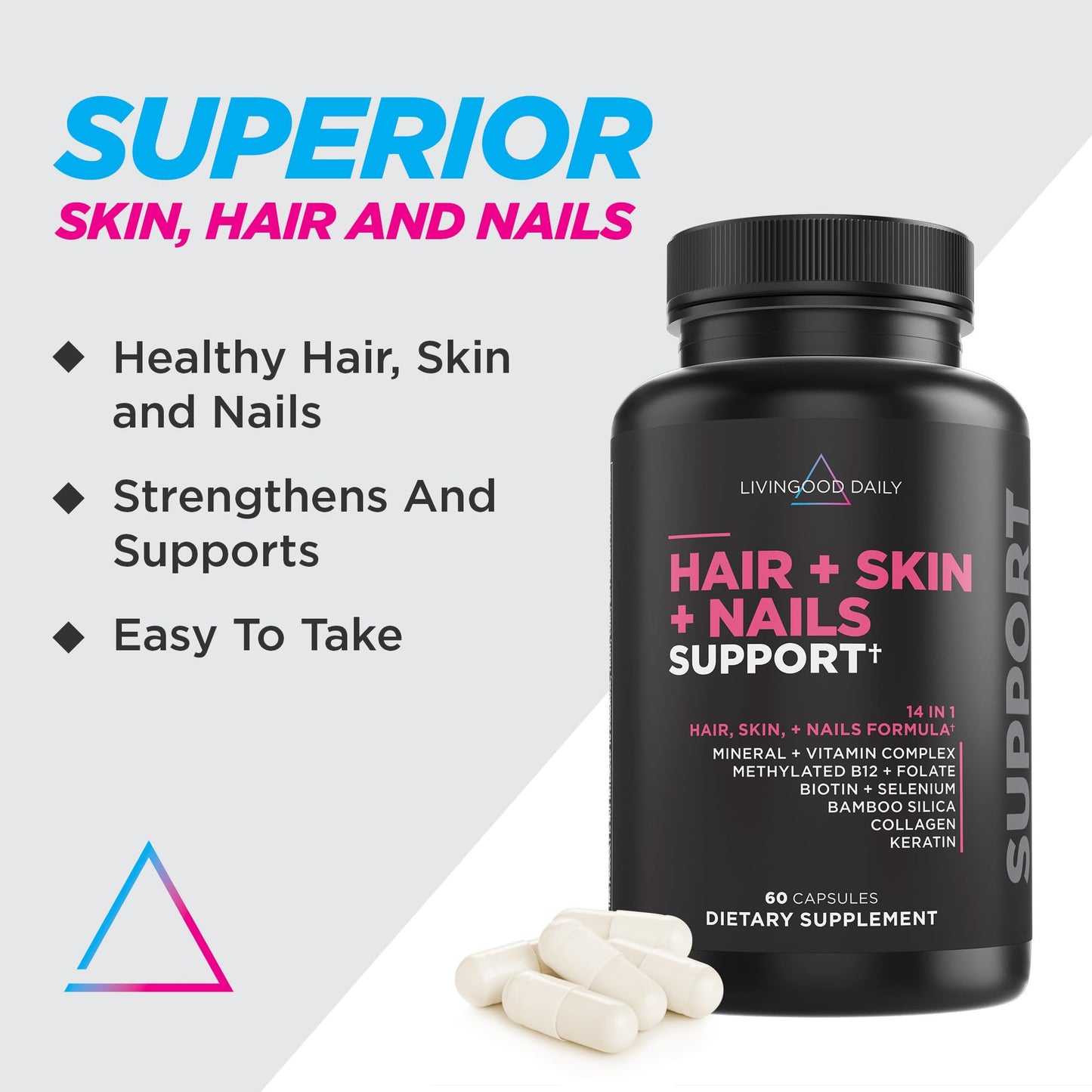 Livingood Daily Hair, Skin & Nails Supplement — 14-in-1 Formula, 60 Capsules, Gluten Free