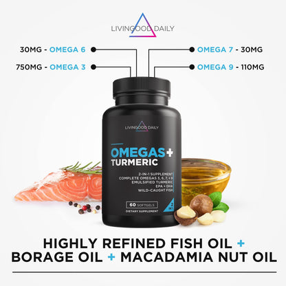 Livingood Daily Omega 3-6-9 Plus Turmeric Curcumin — EPA & DHA, 60 Softgels