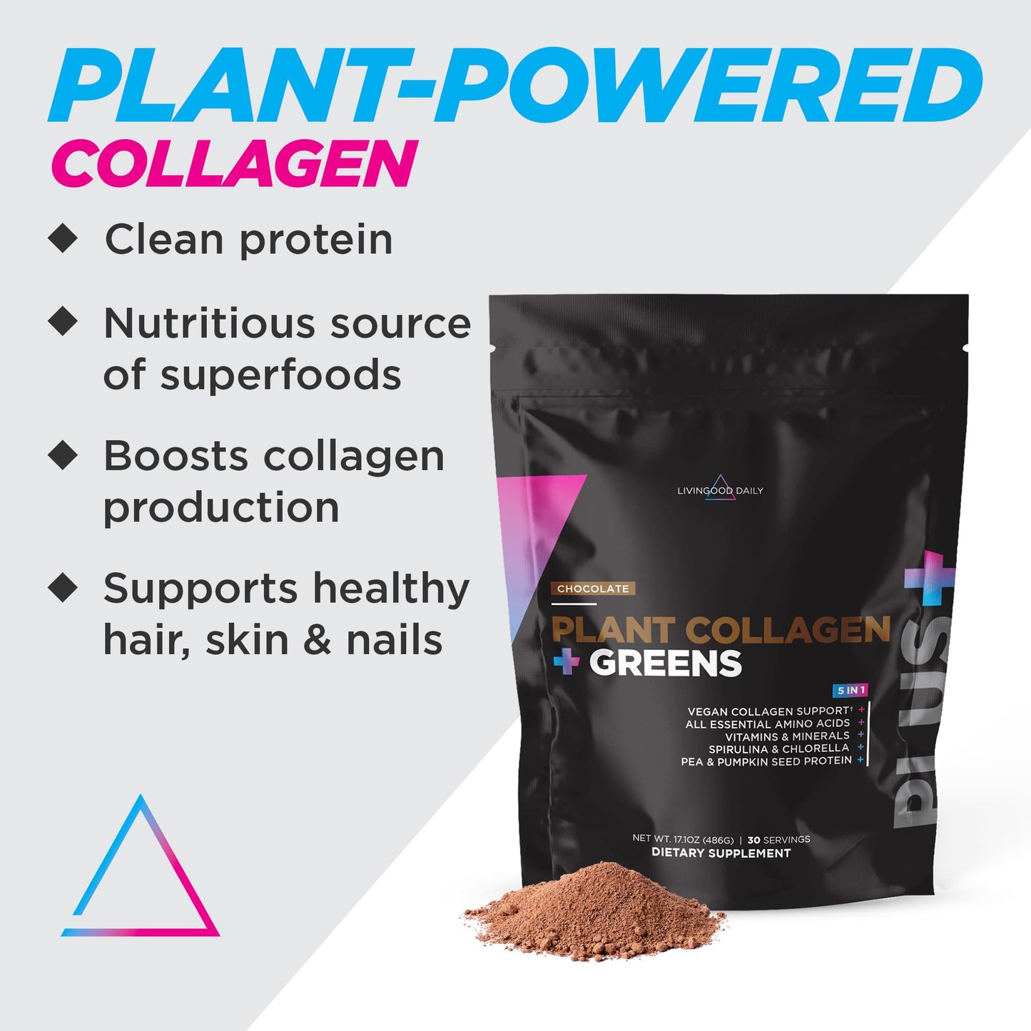 Livingood Daily Plant Collagen + Greens Powder - Chocolate | Vegan 5-in-1 Collagen Support