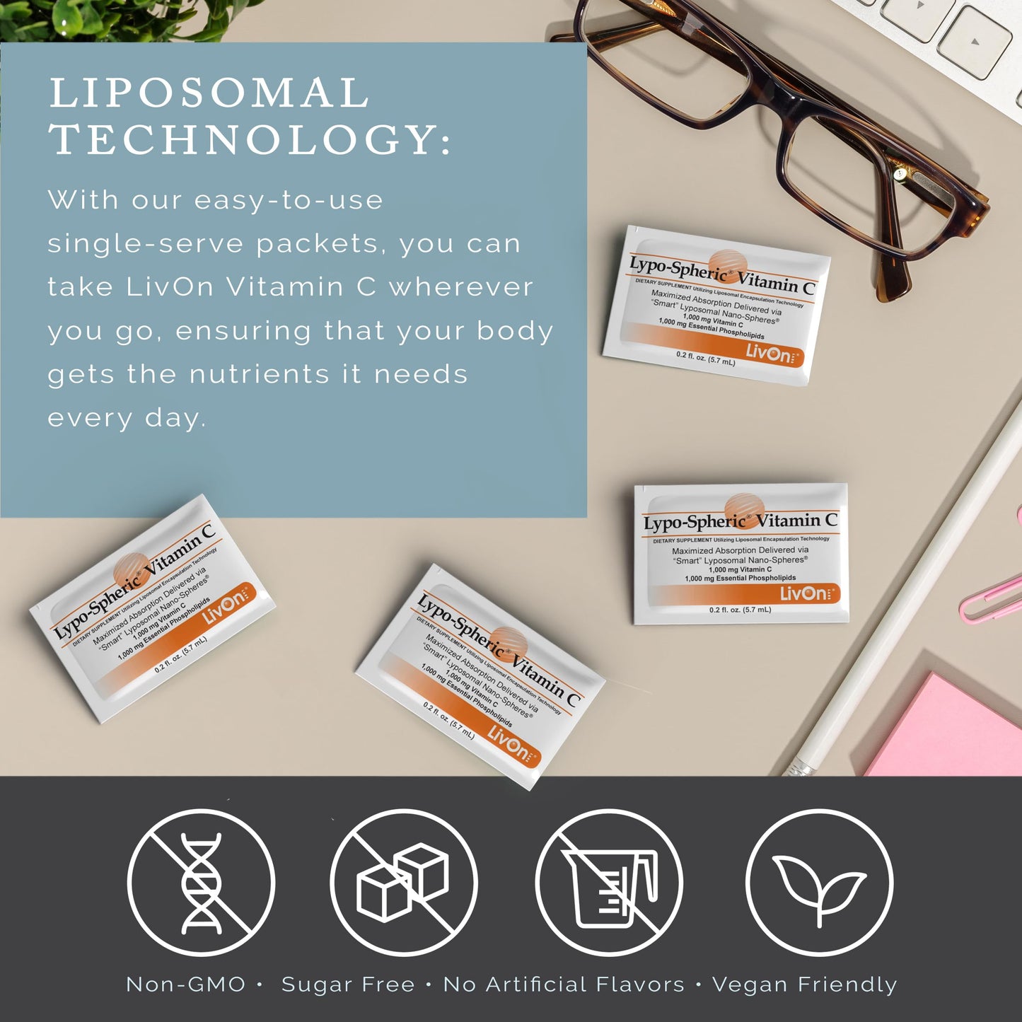 LivOn Laboratories Lypo-Spheric Vitamin C 1000 mg + 1000 mg Phospholipids per Packet | Liposome-Encapsulated, Non-GMO, 30 Packets