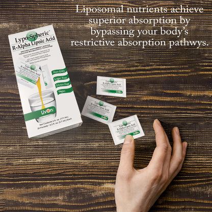 LivOn Lypo-Spheric R-Alpha Lipoic Acid – 30 Packets | 226mg Each | Liposome-Encapsulated, Vegan, Non-GMO