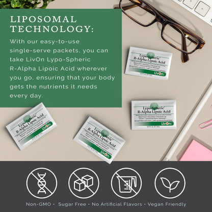 LivOn Lypo-Spheric R-Alpha Lipoic Acid – 30 Packets | 226mg Each | Liposome-Encapsulated, Vegan, Non-GMO