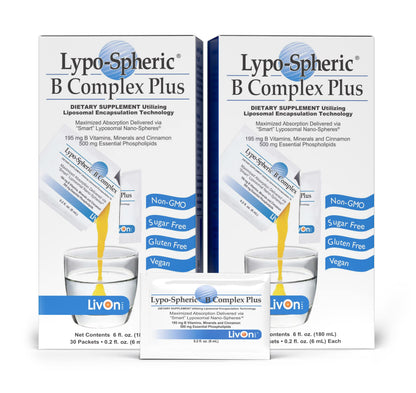 LivOn Laboratories Lypo-Spheric B Complex Plus – 2 Pack (30 Packets) – 195 mg B Vitamins, Cinnamon | Liposome-Encapsulated for Maximum Bioavailability