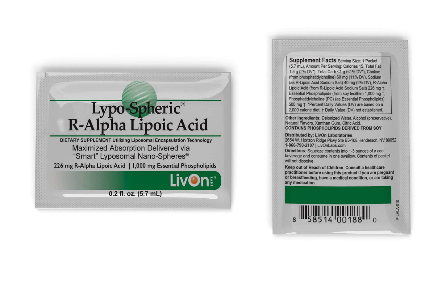 LivOn Liposomal R-Alpha Lipoic Acid – 226 mg Per Packet | 30 Packets | 2-Pack