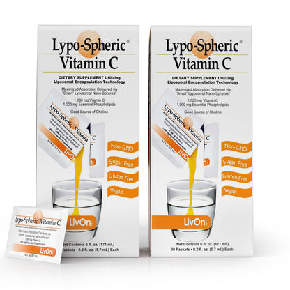 LivOn Laboratories Lypo-Spheric Vitamin C - 1,000 mg Vitamin C & 1,000 mg Essential Phospholipids per Packet | Liposome Encapsulation for Improved Absorption | Non-GMO (2 Cartons, 60 Packets)