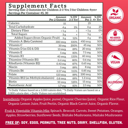 Llama Naturals Kids Multivitamin Gummies - Vegan, Organic, Cherry, 90 ct