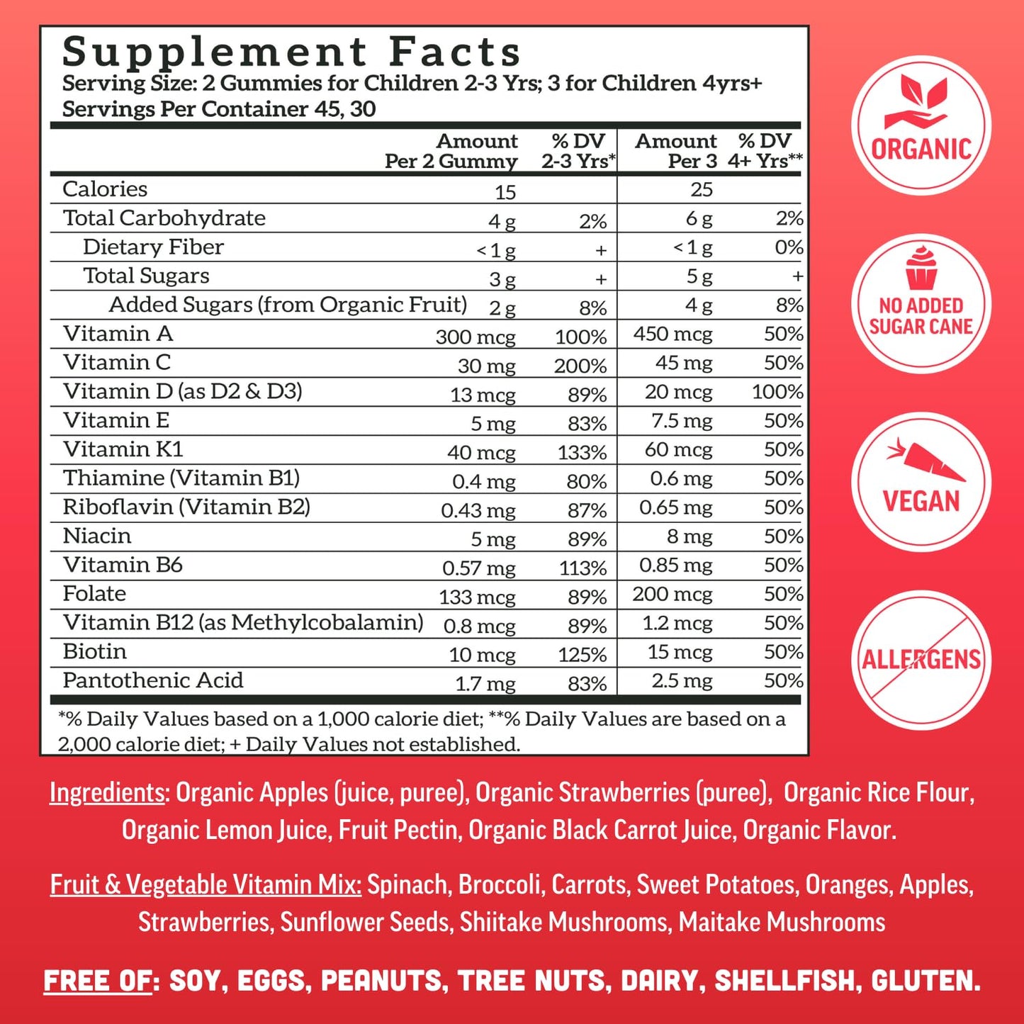 Llama Naturals Kids Multivitamin Gummies – Vegan Organic with Vitamins D, C & K | Strawberry 2 Pack